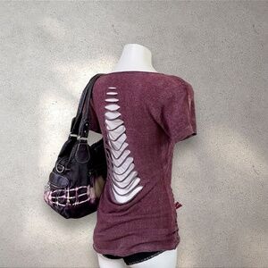 Cyber Y2K Affliction Burgundy Winged Graphic Cutout Top
